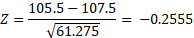 Z = (105.5 - 107.5)/sqrt(61.275) = -0.2555